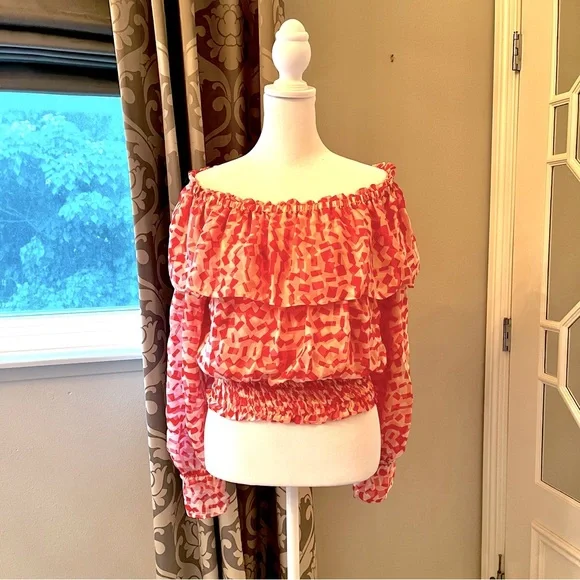 DKNY Colorful Silk Off the Shoulder Ruffle Blouse - M - Picture 1 of 7